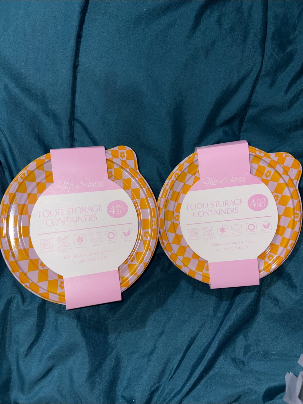 2 - Flip & Fresh - Pink & Orange Check Food Storage Containers - 4 total